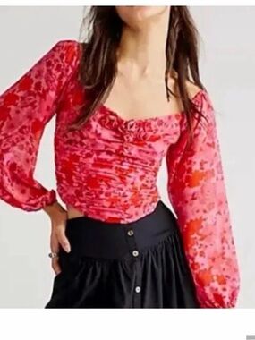 Free People Red Floral Ruched Long Sleeve Square Neck Blouse